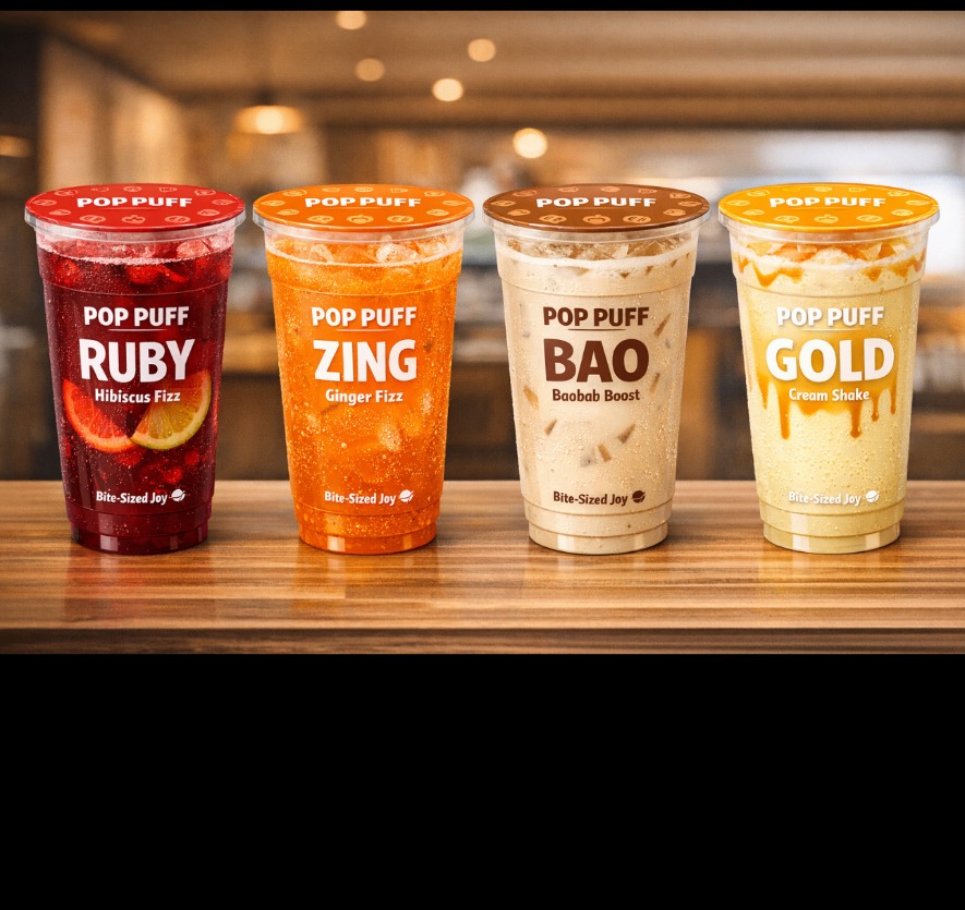 Pop Puff signature drinks — Ruby, Zing, Bao, Tamar lined up on a wooden counter